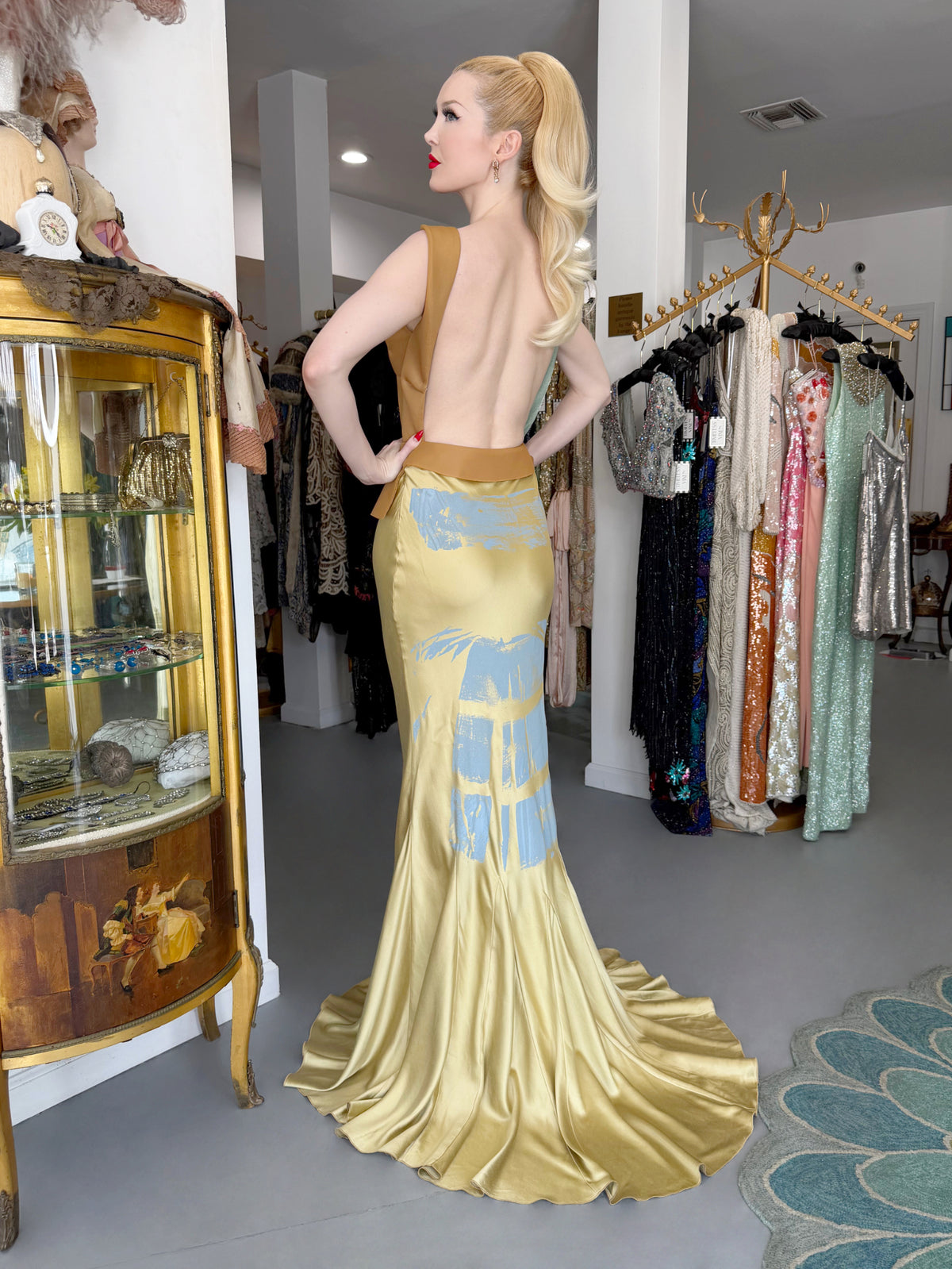 2016 Maison Margiela by John Galliano Runway Champagne Satin Breastplate Backless Bias-Cut Gown