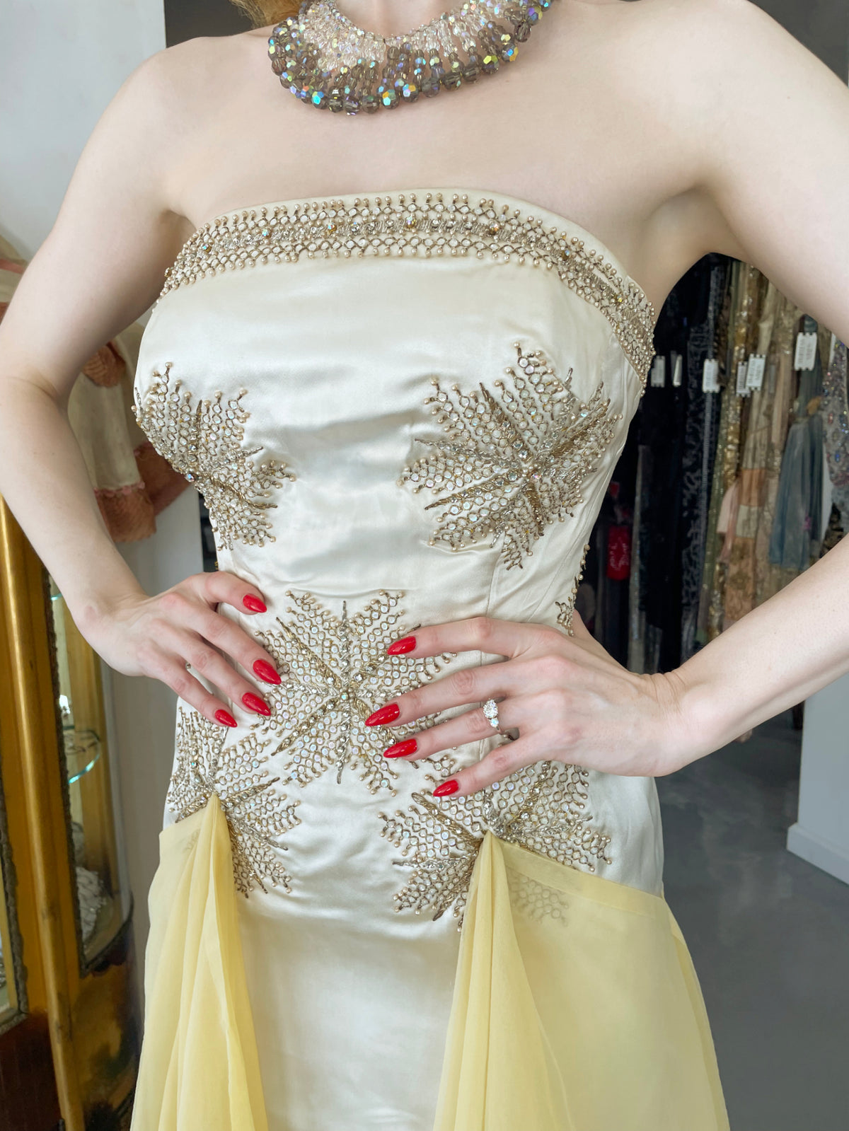 1950&#39;s French Couture Ivory Metallic Embroidered Beaded Silk Skirted Hourglass Gown