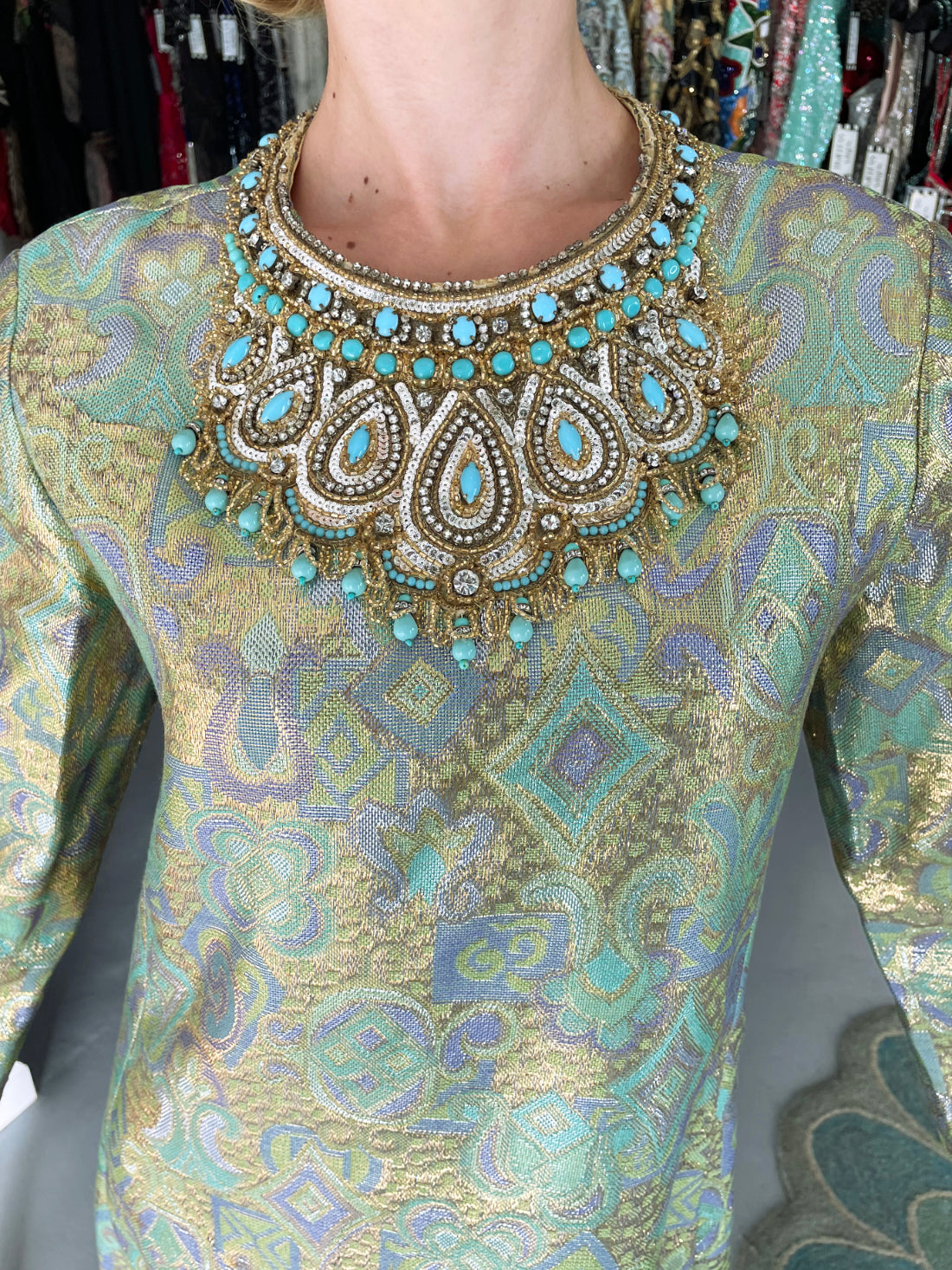 1960&#39;s Bob Bugnand Couture Beaded Metallic Silk-Brocade Dress &amp; Matching Coat