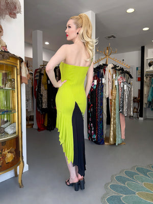 1997 Gianni Versace Lifetime Runway Lime Green & Black Embellished Silk High-Low Dress