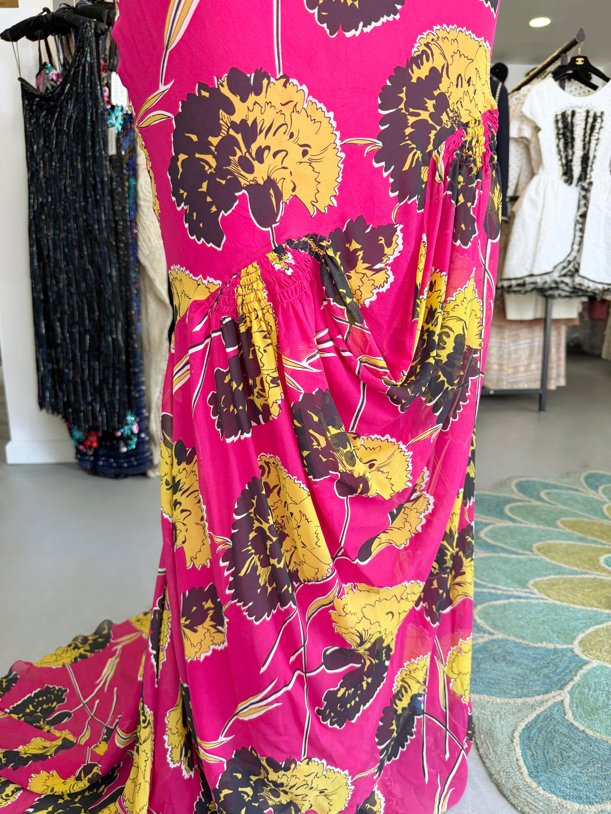 2005 John Galliano 'Renee Collection' Shocking Pink Large Scale Floral Silk Bias-Cut Trained Gown