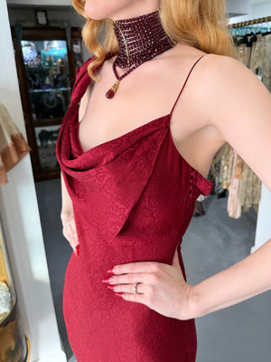 1999 John Galliano Maori Collection Merlot Red Silk Bias-Cut Gown w/ Fringed Shawl