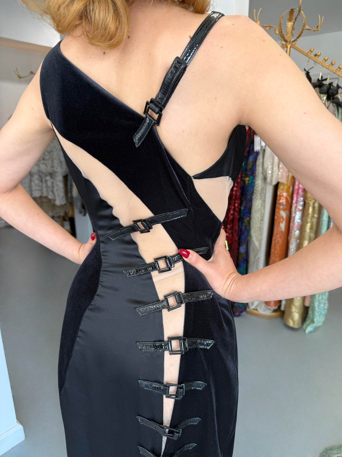 2004 Versace Runway Black Silk & Velvet Sheer-Illusion Buckle Trimmed High Slit Gown