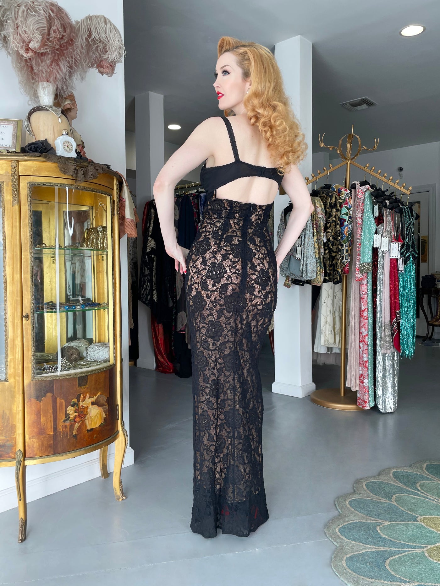 Vintage 1997 Dolce & Gabbana Sheer Black Stretch Lace Built-In Bra Hourglass Slip Gown