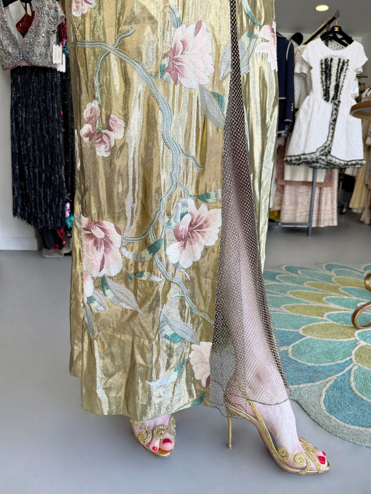 1997 Valentino Runway Metallic Gold Beaded Embroidered Floral Lamé Silk High Slit Column Gown
