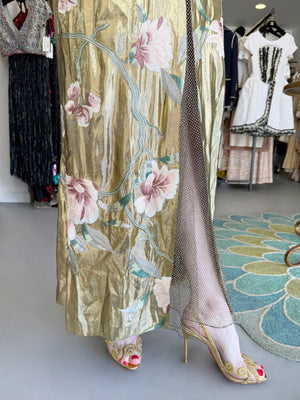 1997 Valentino Runway Metallic Gold Beaded Embroidered Floral Lamé Silk High Slit Column Gown