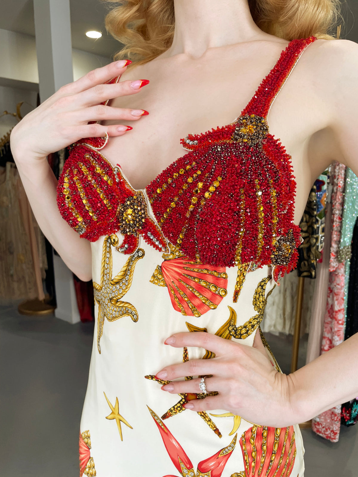 1992 Gianni Versace Iconic Crystal Beaded &#39;Seashell&#39; Print Silk Hourglass Gown