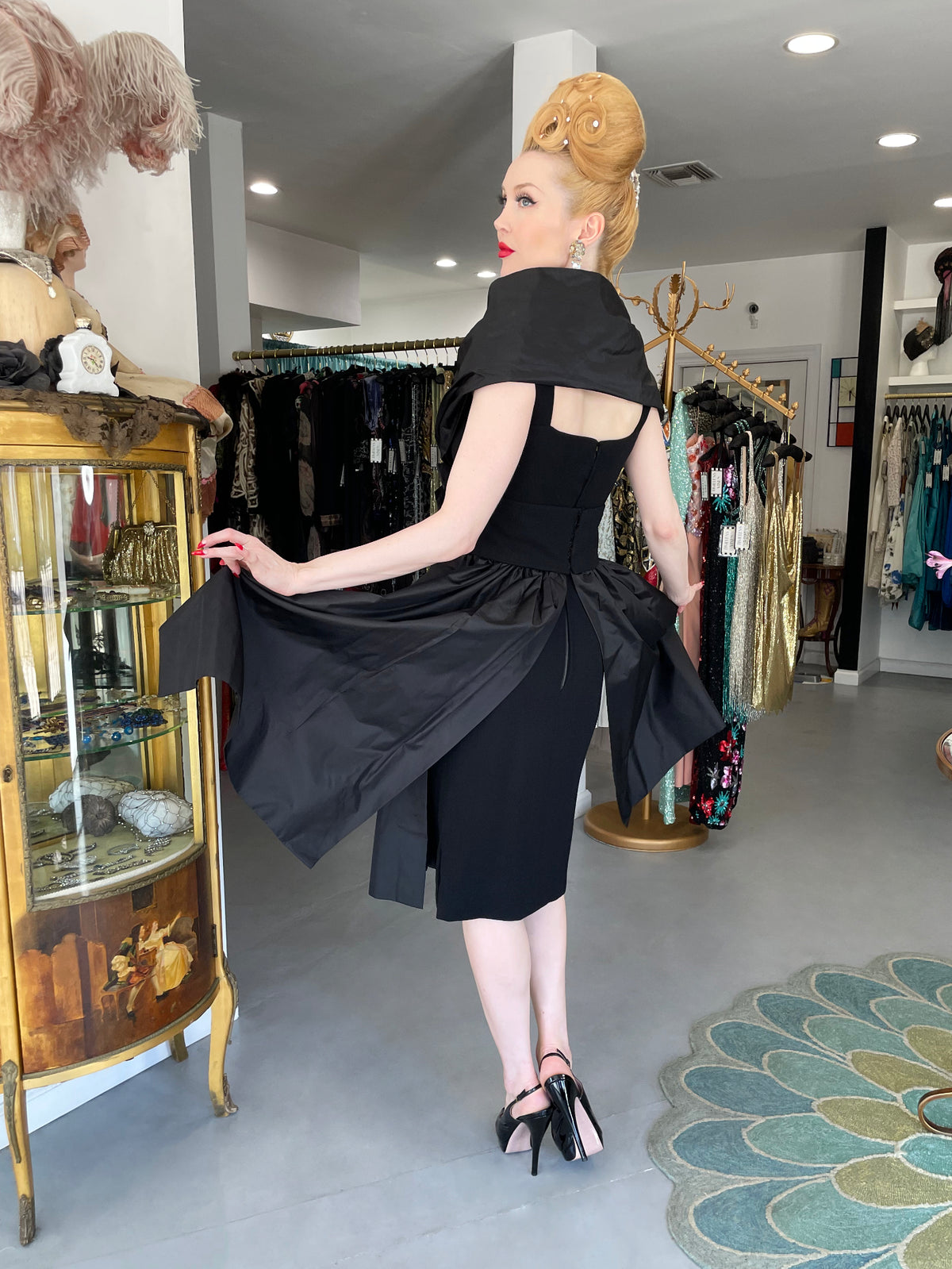 1956 Christian Dior Demi-Couture Black Silk Portrait Collar Skirted Cocktail Dress