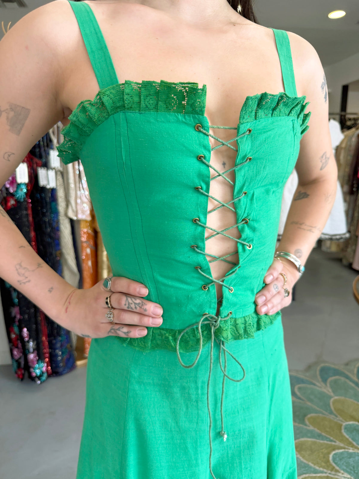 1976 Biba Emerald Green Cotton Lace-Up Corset Top & Matching Maxi Skirt