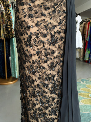 2009 Valentino Black Silk & Beaded Sheer Illusion Lace Strapless Bustier Gown