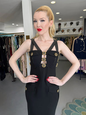 1992 Gianni Versace 'Miss S&M' Runway Collection Black Leather Bondage Wool Dress
