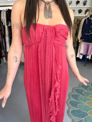 2007 Christian Dior by John Galliano Heavily-Pleated  Raspberry Silk Strapless Bustier Gown