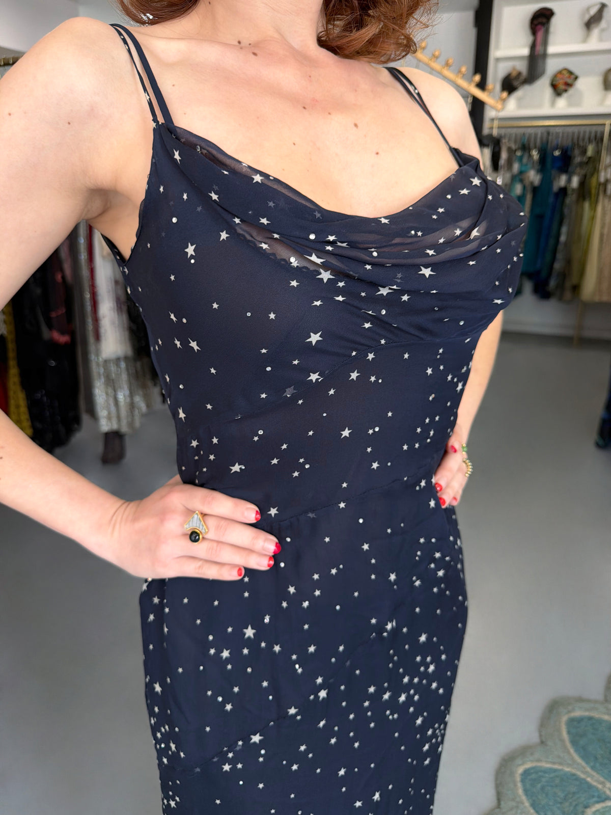 1998 Moschino Runway Navy Blue Sheer Silk Chiffon Star Motif Rhinestone Maxi Slip Dress