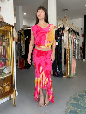 2003 Christian Dior by John Galliano Tie-Dye Pink Yellow Print Silk Cropped Blouse & Bias-Cut Skirt