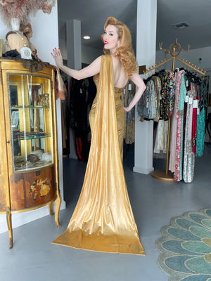 1950's Yma Sumac Custom Couture Old Hollywood Metallic Gold Hourglass Trained Dress