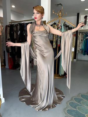 2014 Ralph Lauren Purple Label Platinum Silk Bias-Cut 'Old Hollywood' Gown w/ Optional Hood