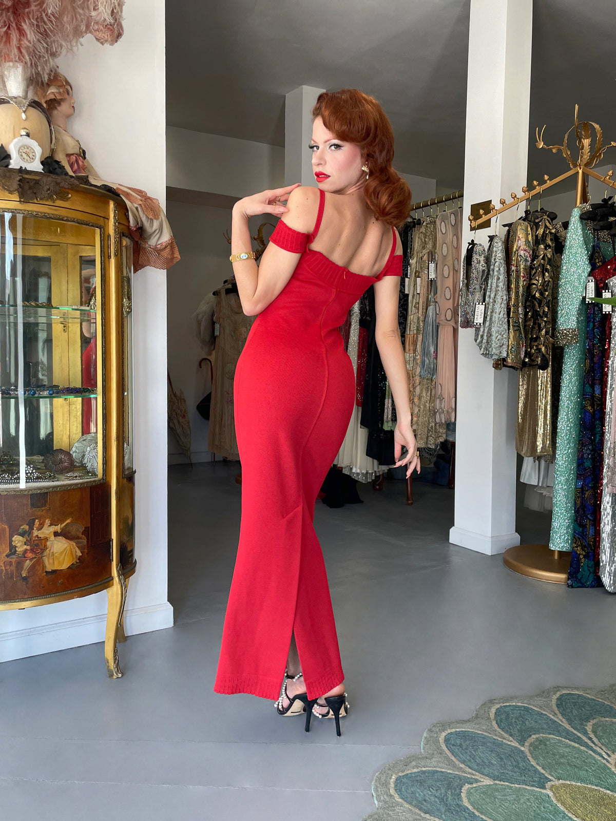 1992 Azzedine Alaia Documented Red Stretch Knit Cold-Shoulder Bodycon Maxi Dress