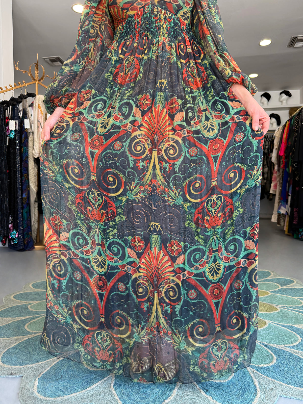 1971 Thea Porter Couture Green Art Nouveau Motif Silk Billow-Sleeve Maxi Dress