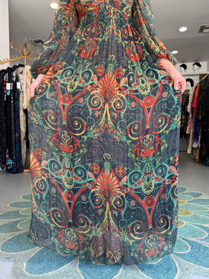 1971 Thea Porter Couture Green Art Nouveau Motif Silk Billow-Sleeve Maxi Dress