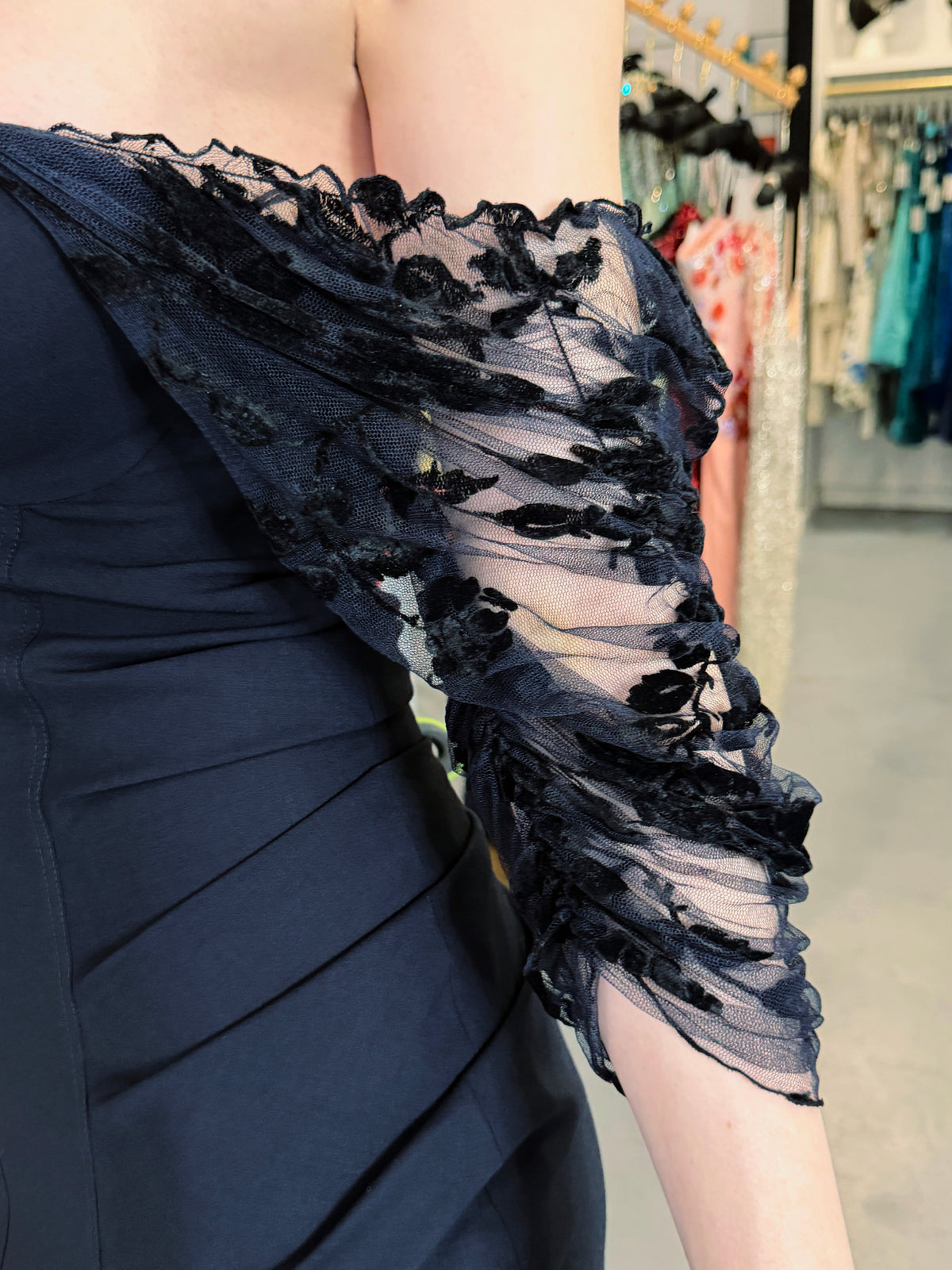 2004 Christian Dior by John Galliano Navy Stretch Silk Sheer-Sleeves Hourglass Dress