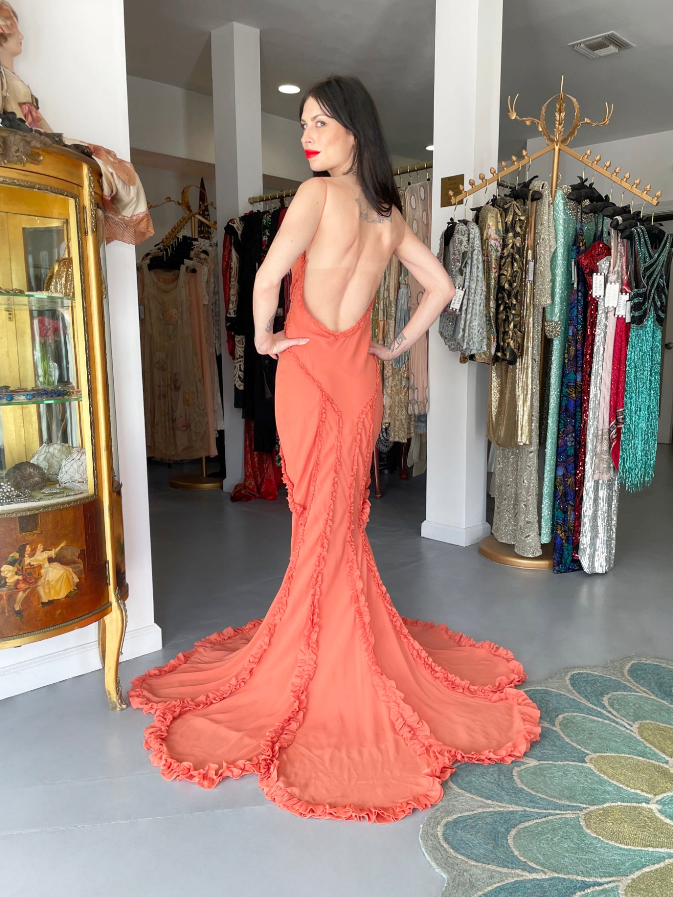Vintage 2008 John Galliano Coral Pink Silk Bias-Cut Scalloped Train Backless Gown - Timeless Vixen Vintage 2008 John Galliano Coral Pink Silk Bias-Cut Scalloped Train Backless Gown - Timeless Vixen