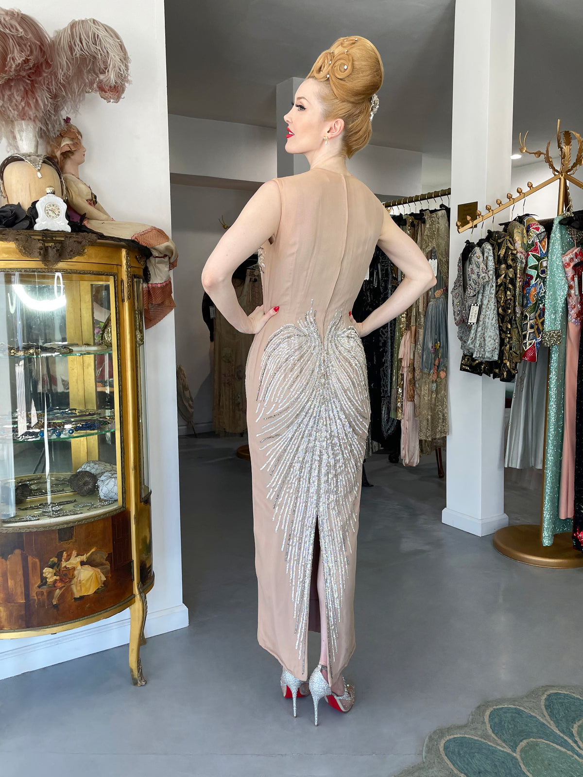 1962 Mr. Blackwell Custom Couture Rhinestone Sequin Wings Nude-Illusion Gown