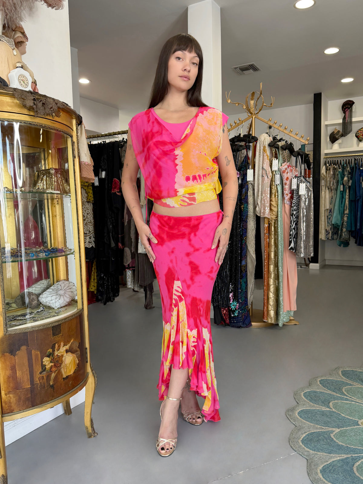 2003 Christian Dior by John Galliano Tie-Dye Pink Yellow Print Silk Cropped Blouse & Bias-Cut Skirt