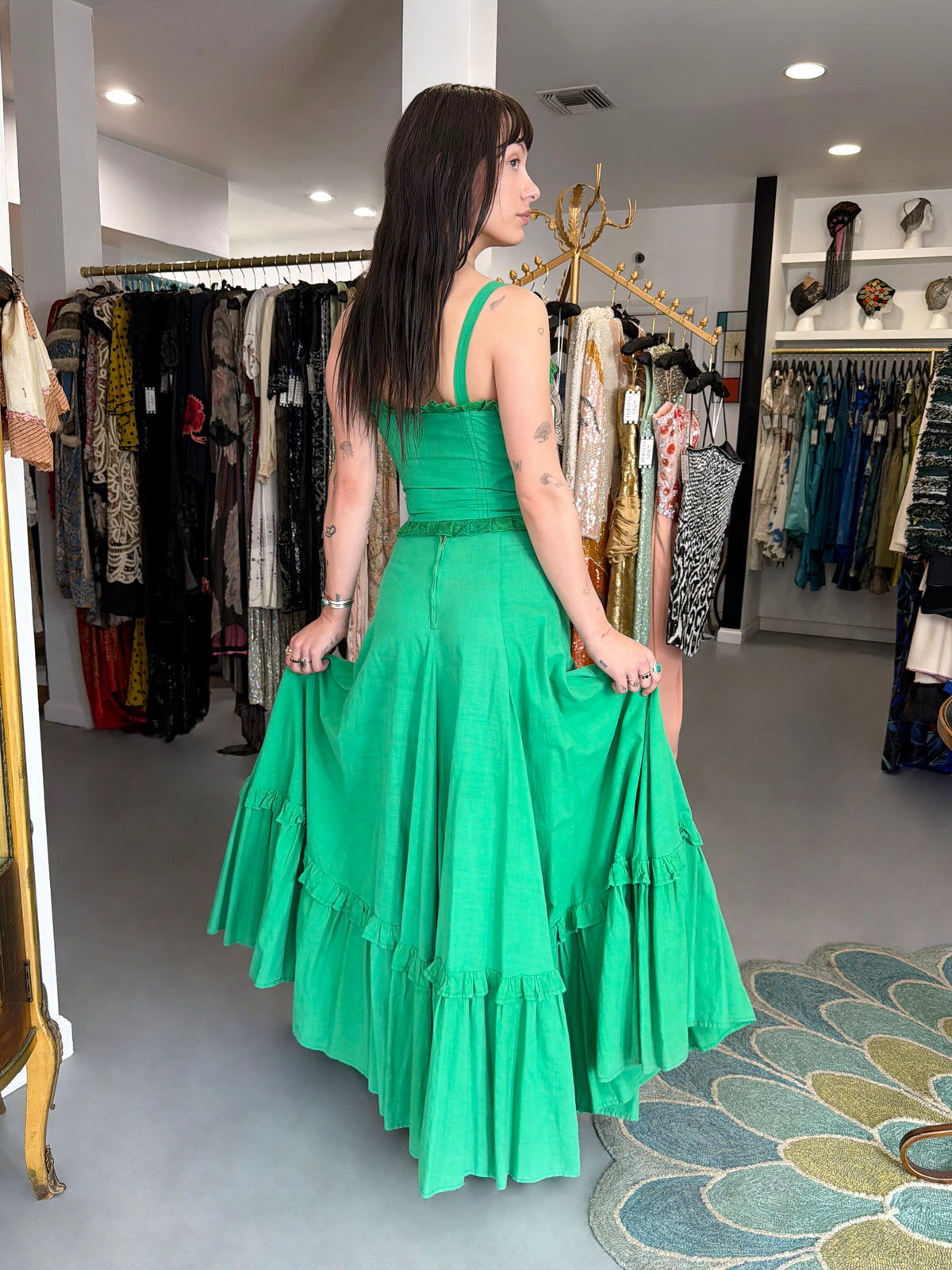 1976 Biba Emerald Green Cotton Lace-Up Corset Top & Matching Maxi Skirt