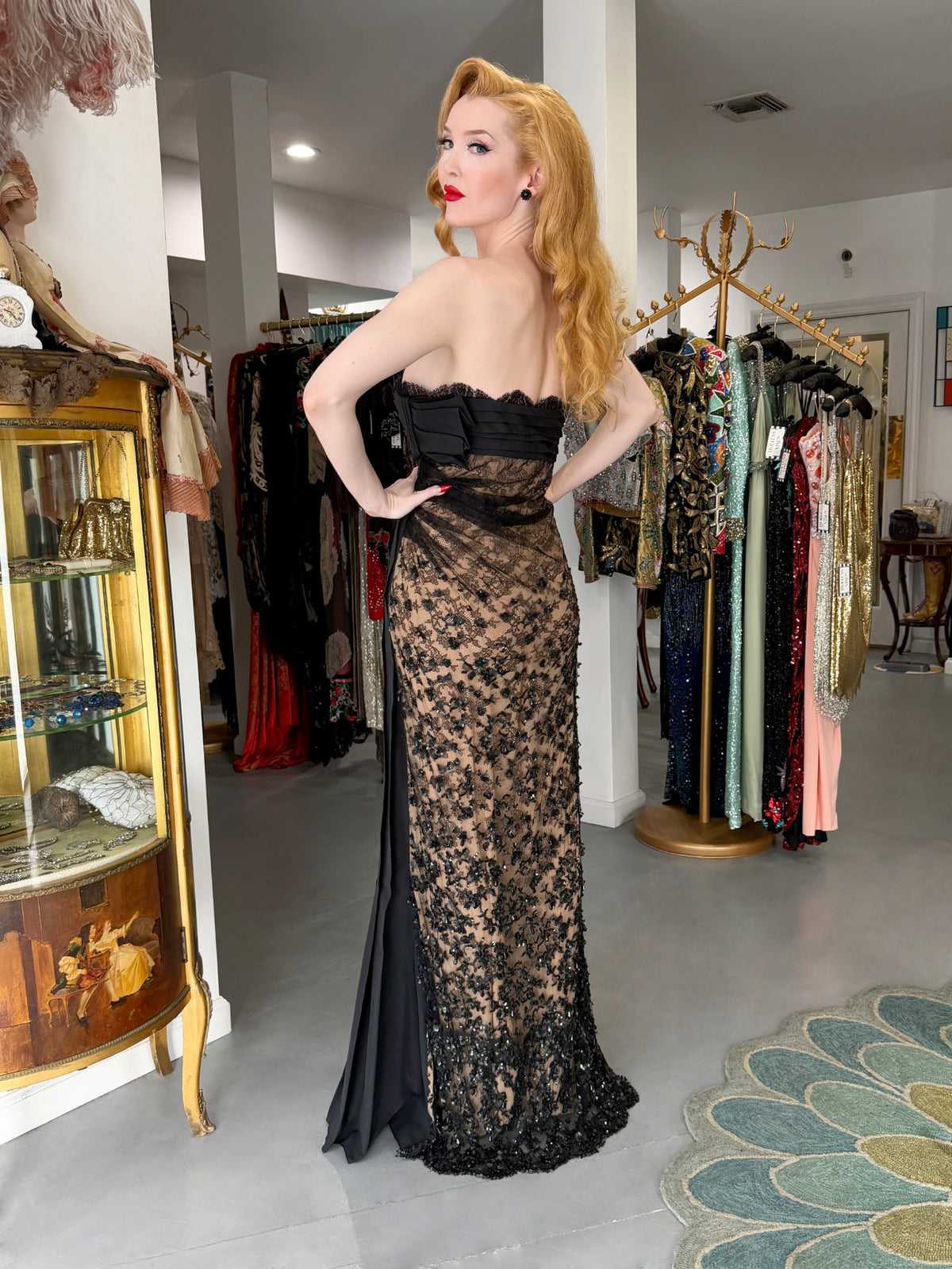 2009 Valentino Black Silk &amp; Beaded Sheer Illusion Lace Strapless Bustier Gown