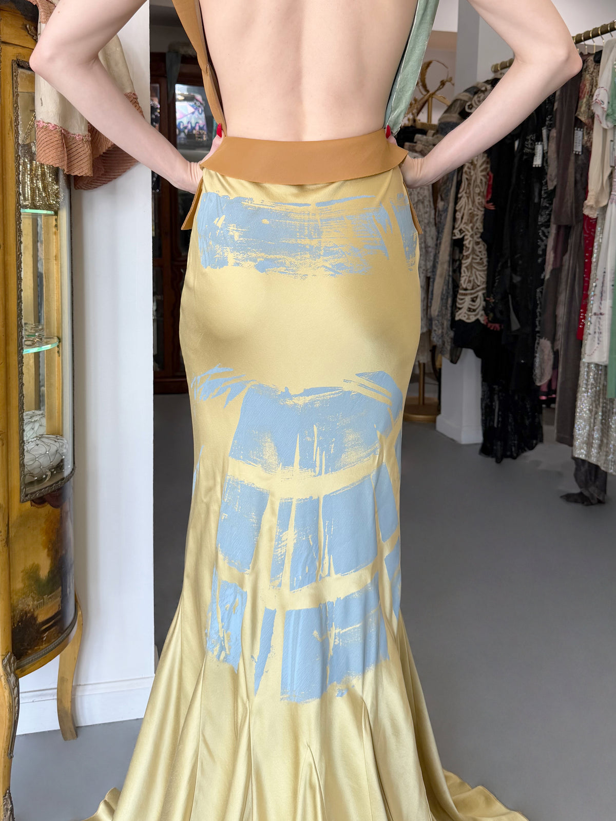 2016 Maison Margiela by John Galliano Runway Champagne Satin Breastplate Backless Bias-Cut Gown