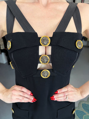 1992 Gianni Versace 'Miss S&M' Runway Collection Black Leather Bondage Wool Dress