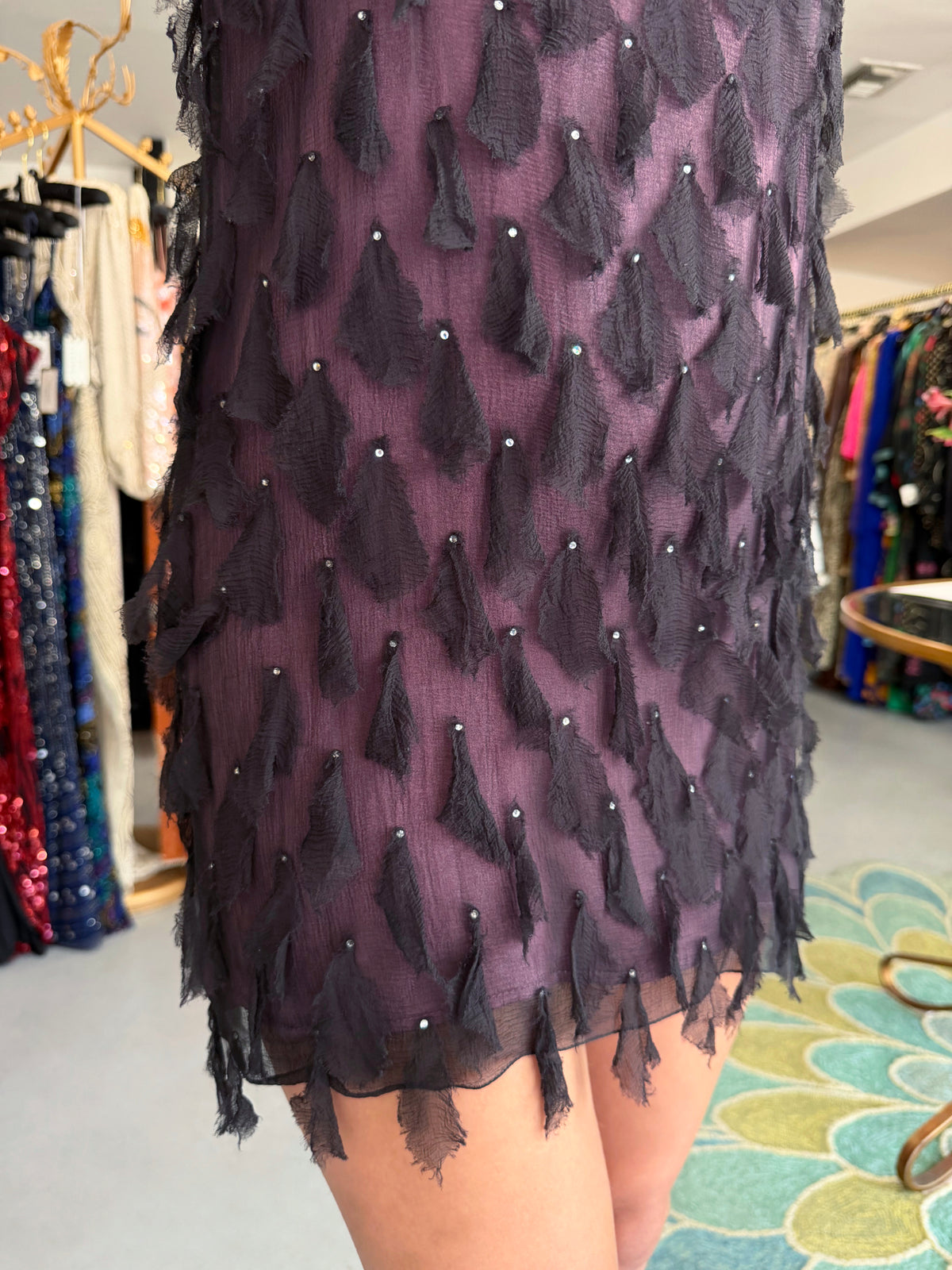 1998 Versace Runway Purple & Black 'Petal' Silk Chiffon Crystal-Straps Mini Dress