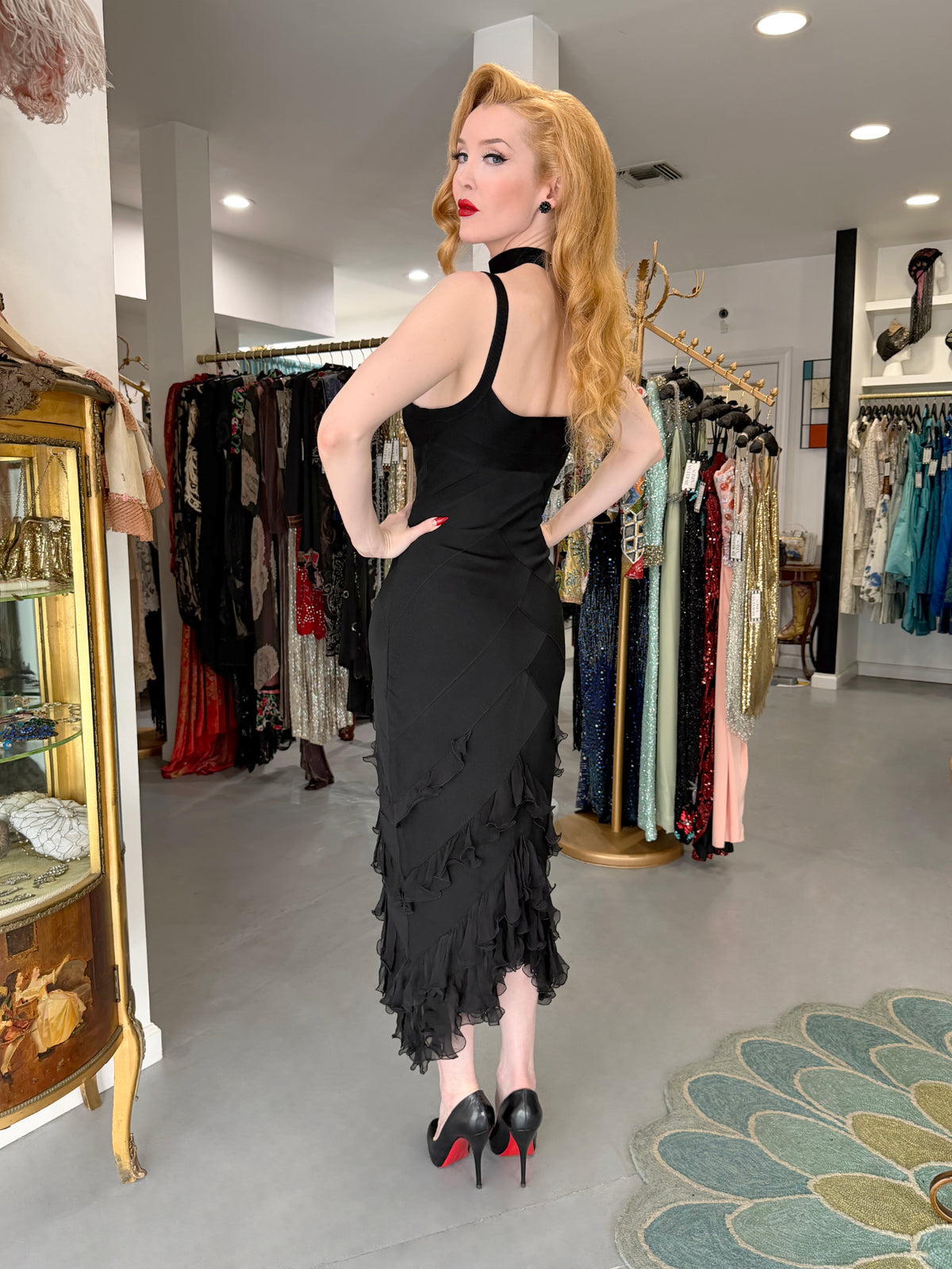 2004 Christian Dior by John Galliano Black Stretch Knit Ruffle-Hem Hourglass Dress