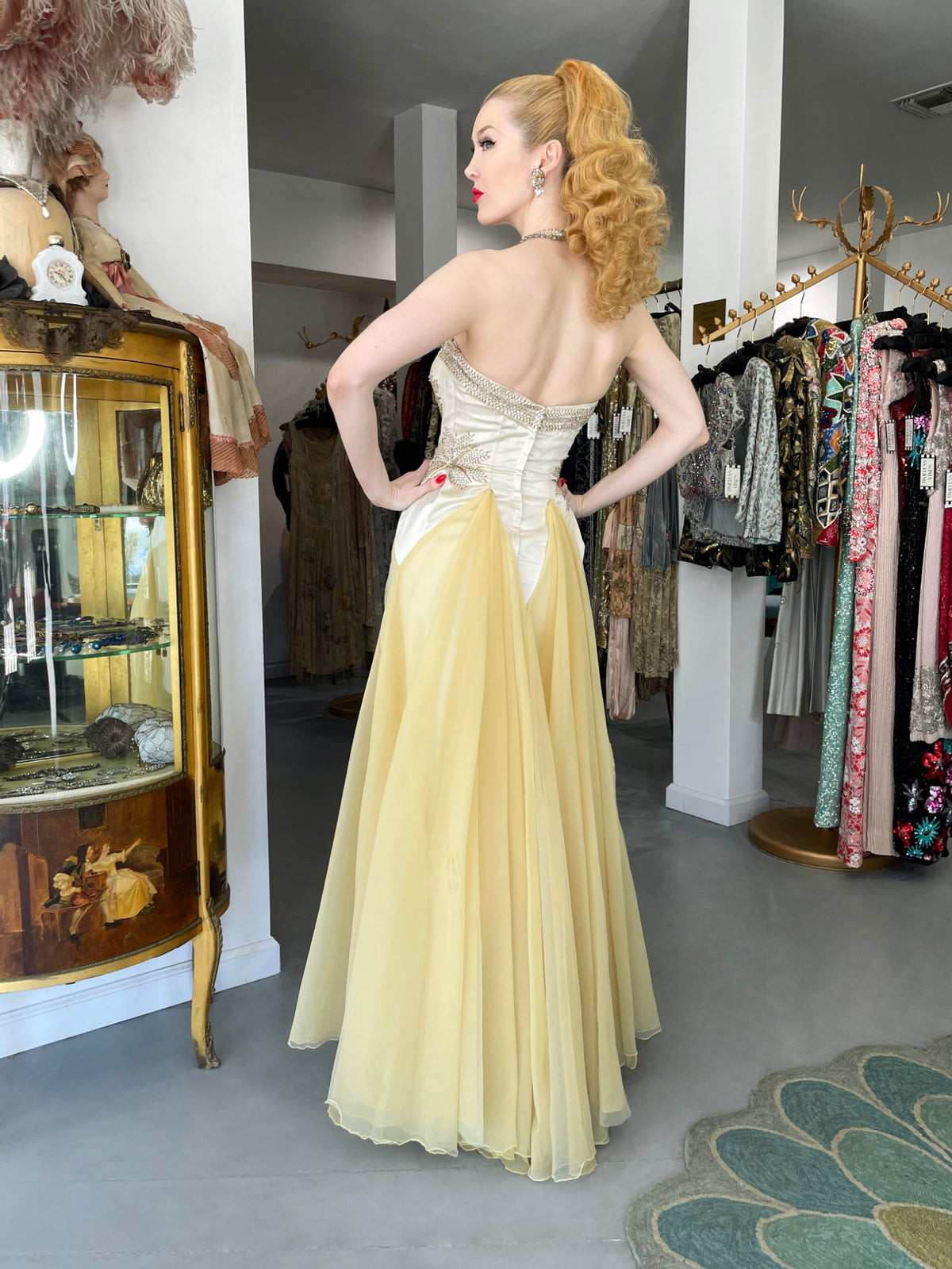 1950&#39;s French Couture Ivory Metallic Embroidered Beaded Silk Skirted Hourglass Gown