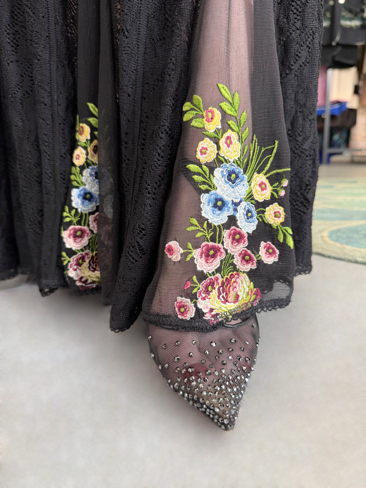 2003 John Galliano Embroidered Floral Sheer Black Pointelle Stretch Knit Bias-Cut Gown