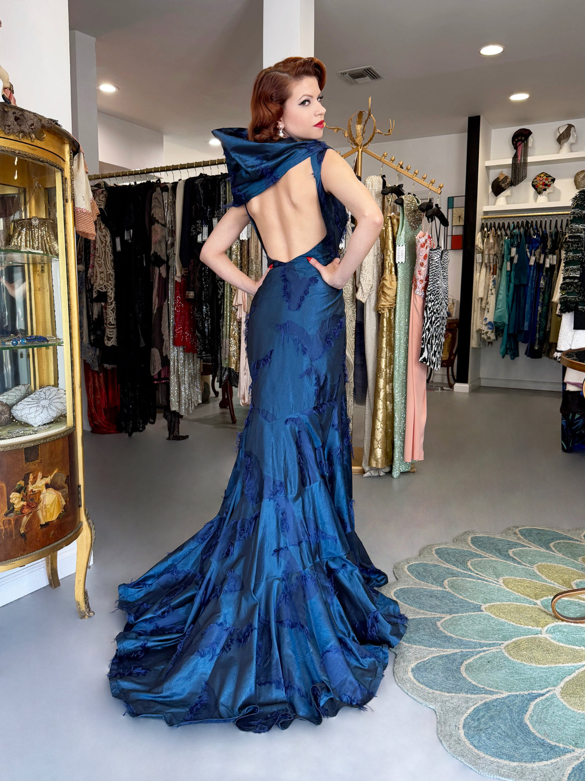 1999 Christian Dior by John Galliano Sapphire Blue Eyelash Silk Backless Bias-Cut Gown
