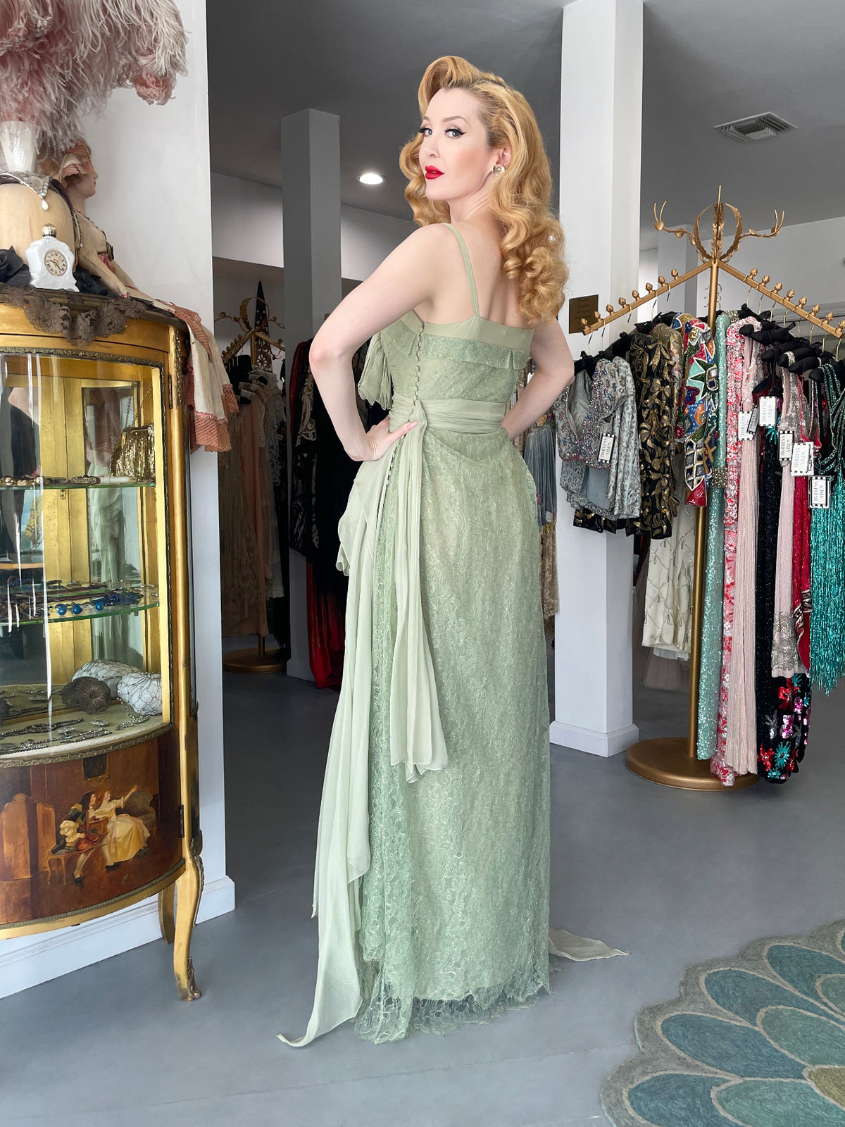 2007 John Galliano Metallic Mint-Green Lace &amp; Sheer Silk Tiered Ethereal Gown w/Tags