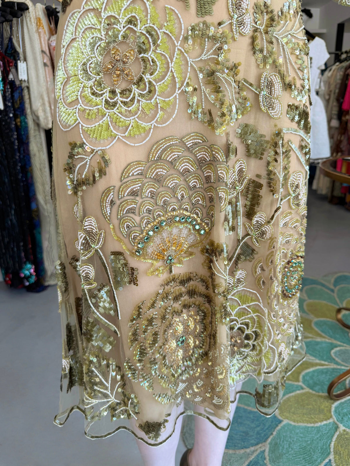 2003 Valentino Runway Heavily Embellished Jeweled Low Cut Nude-Illusion Sheer Net Dress