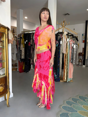 2003 Christian Dior by John Galliano Tie-Dye Pink Yellow Print Silk Cropped Blouse & Bias-Cut Skirt