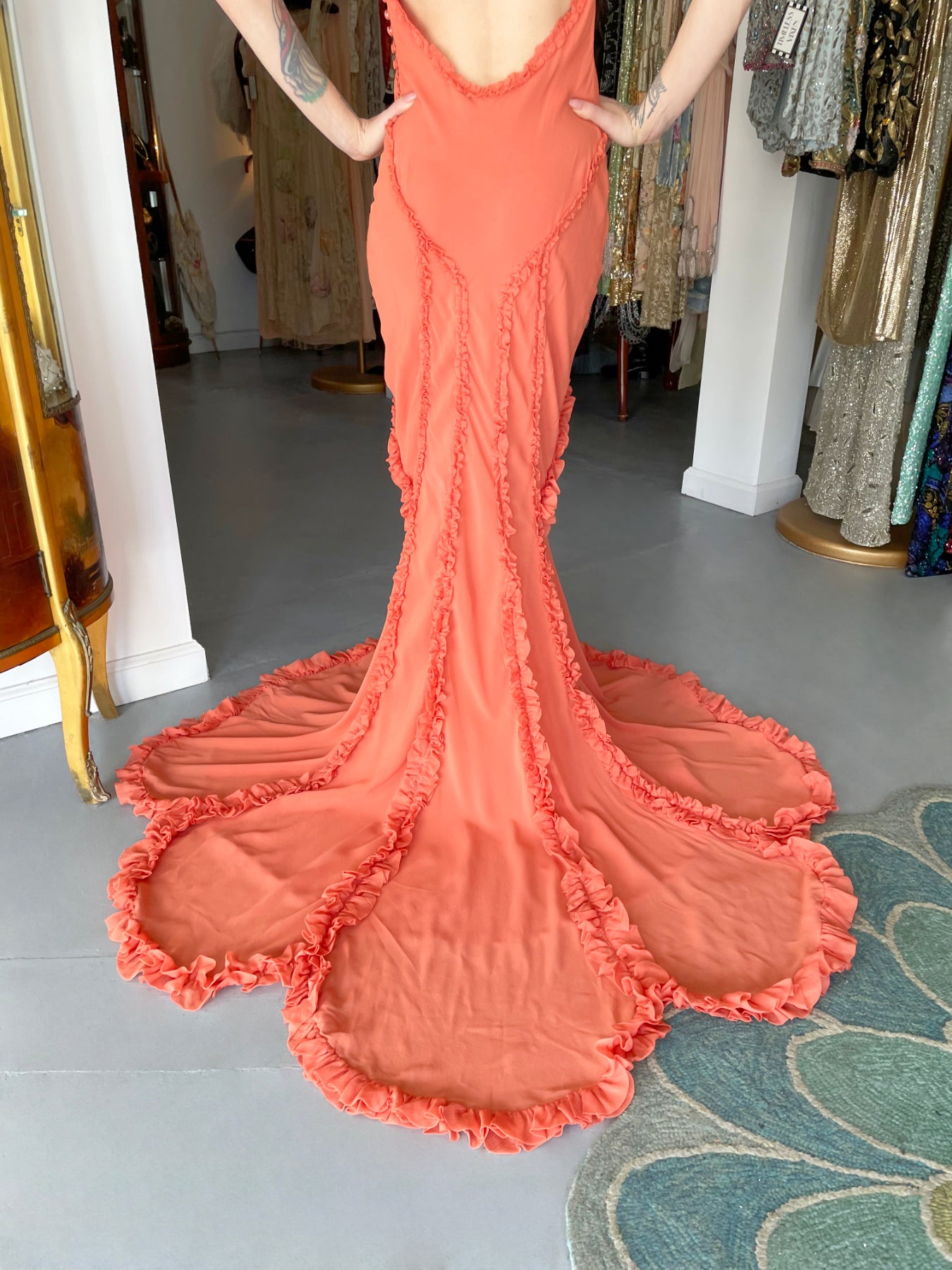 Vintage 2008 John Galliano Coral Pink Silk Bias-Cut Scalloped Train Backless Gown - Timeless Vixen Vintage 2008 John Galliano Coral Pink Silk Bias-Cut Scalloped Train Backless Gown - Timeless Vixen