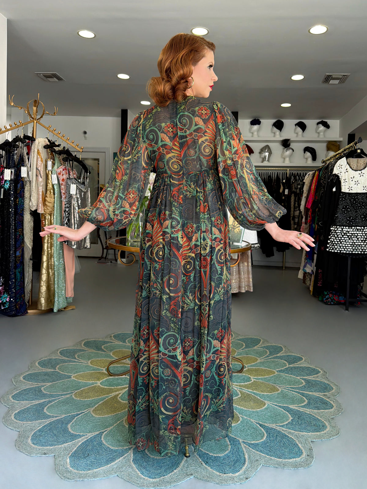 1971 Thea Porter Couture Green Art Nouveau Motif Silk Billow-Sleeve Maxi Dress