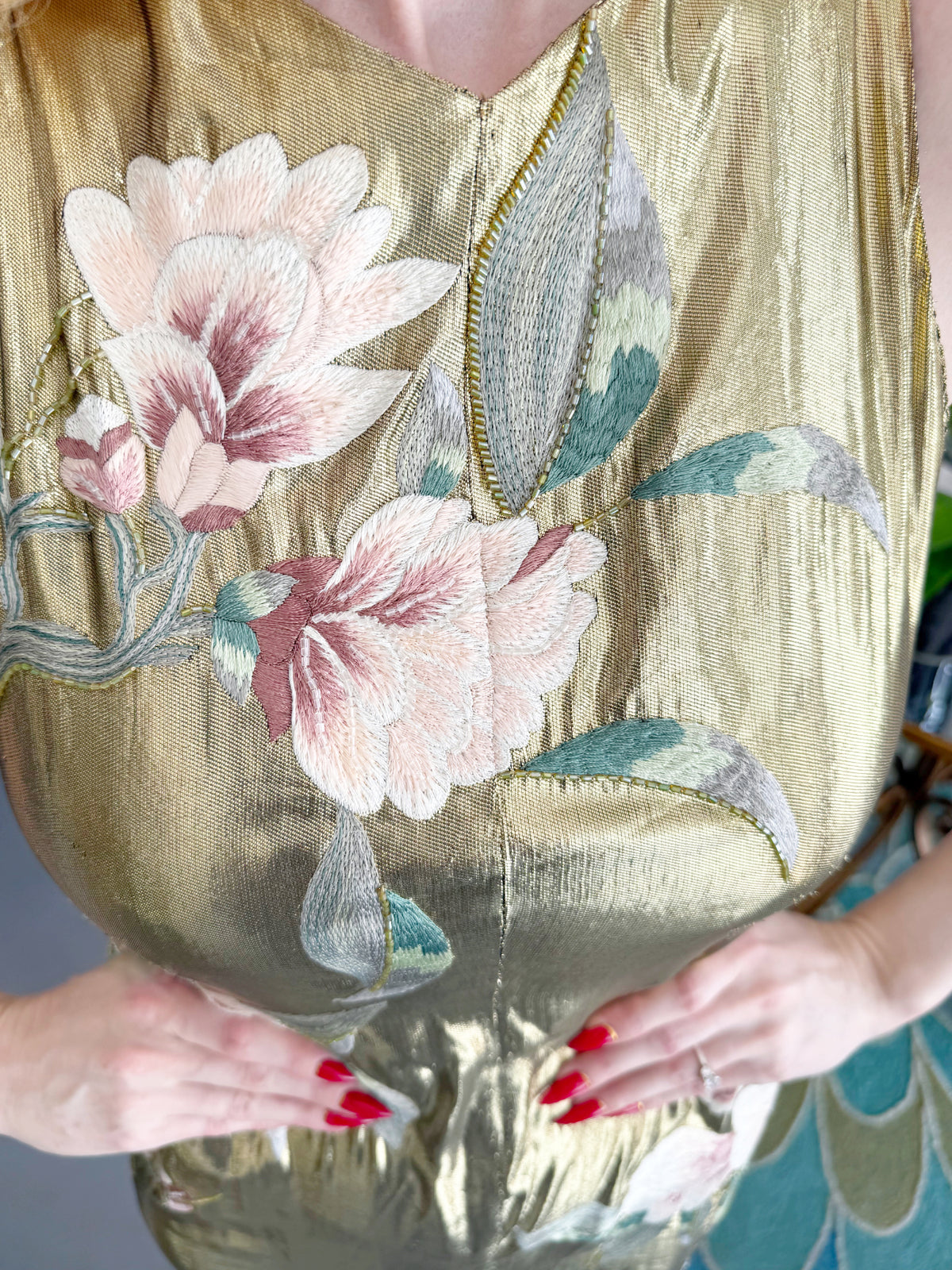 1997 Valentino Runway Metallic Gold Beaded Embroidered Floral Lamé Silk High Slit Column Gown