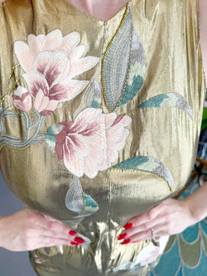1997 Valentino Runway Metallic Gold Beaded Embroidered Floral Lamé Silk High Slit Column Gown