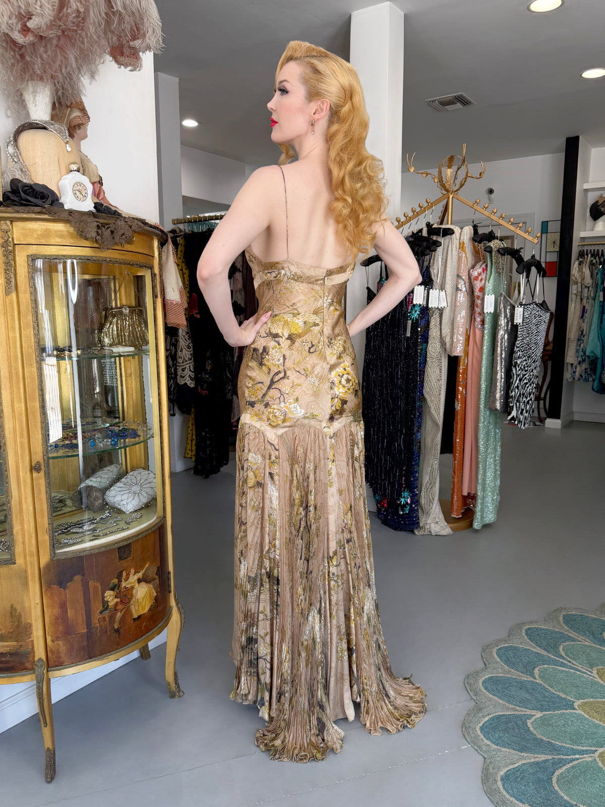 2006 Roberto Cavalli Champagne Floral & Bird Motif Silk Pleated High Low Bias-Cut Gown