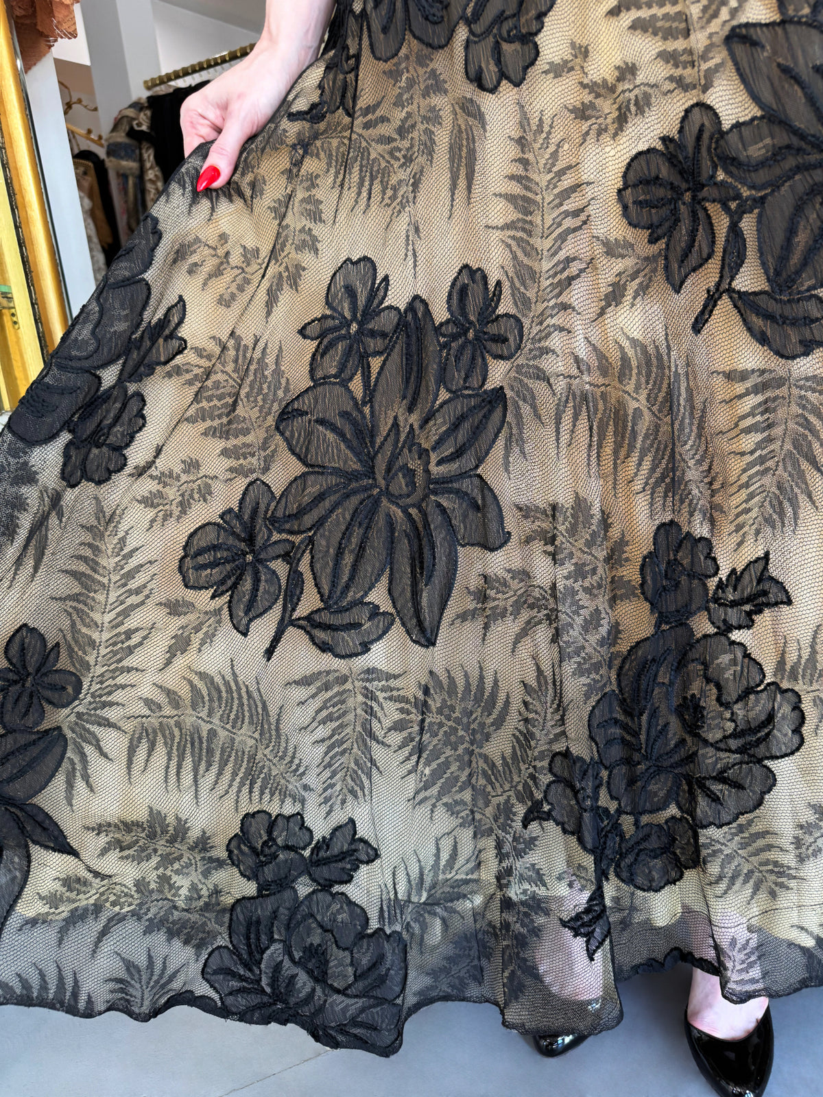 1950’s Hattie Carnegie Couture Large-Scale Black Floral Chenille Lace Full Skirted High-Low Gown