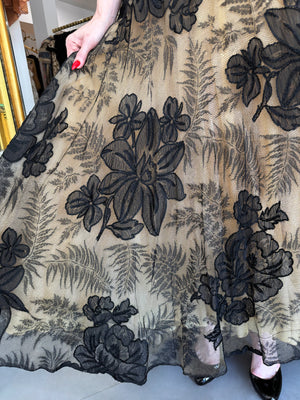 1950’s Hattie Carnegie Couture Large-Scale Black Floral Chenille Lace Full Skirted High-Low Gown