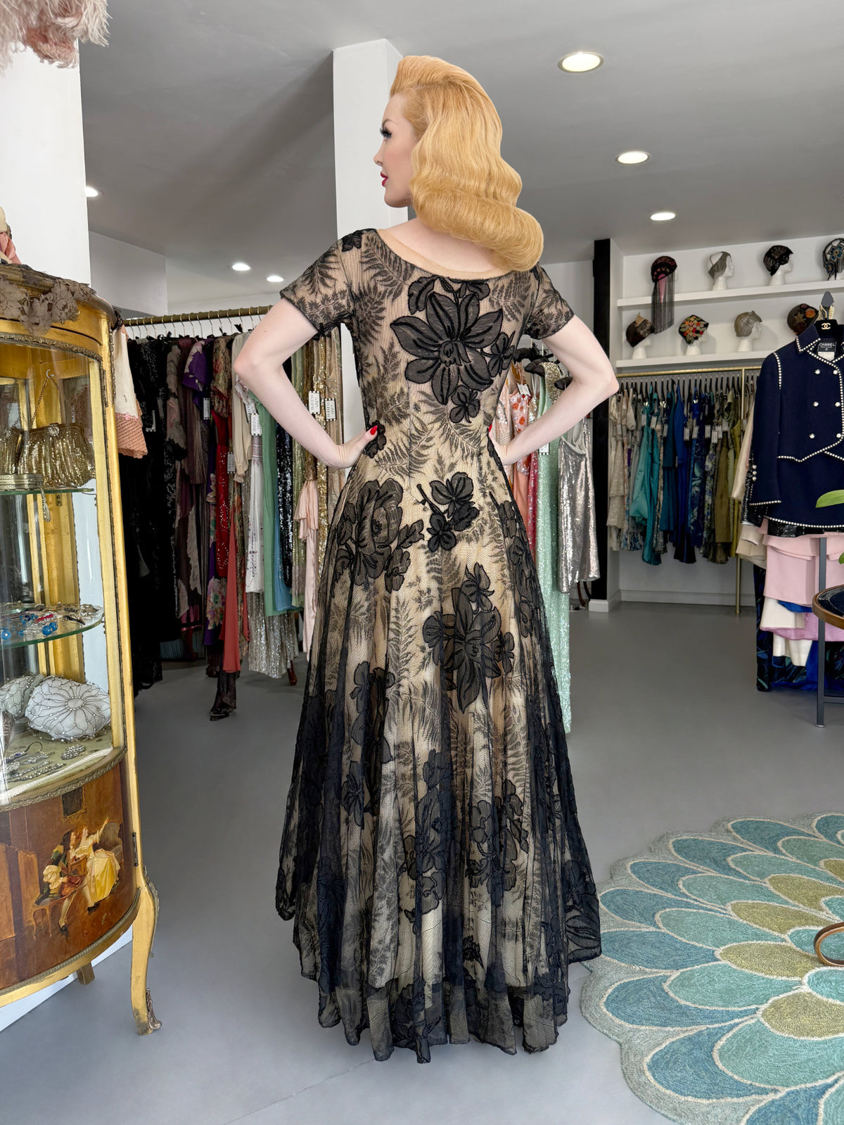 1950’s Hattie Carnegie Couture Large-Scale Black Floral Chenille Lace Full Skirted High-Low Gown