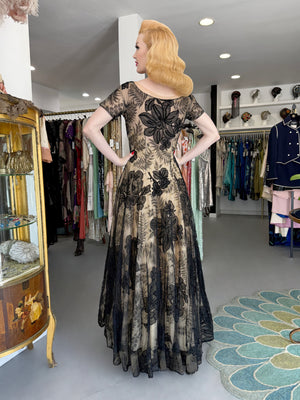 1950’s Hattie Carnegie Couture Large-Scale Black Floral Chenille Lace Full Skirted High-Low Gown