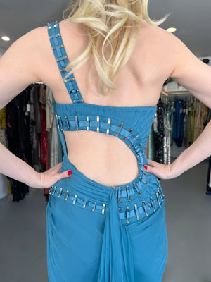 2009 Versace Runway Embellished Blue Silk Chiffon One-Shoulder High Low Gown