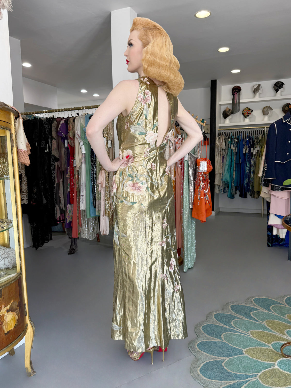 1997 Valentino Runway Metallic Gold Beaded Embroidered Floral Lamé Silk High Slit Column Gown